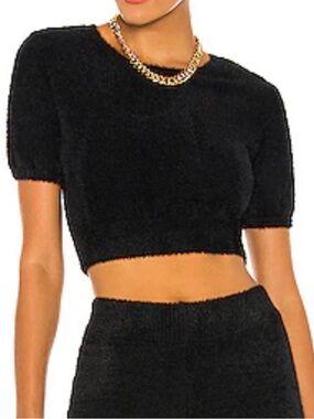 Amanda Uprichard Charlett Crop Cozy Fuzzy Soft Sweater Black Size Large